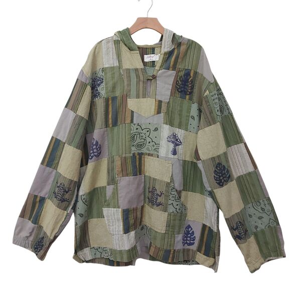 Lakhays Other - Lakhays Patchwork Hoodie Mens XL Green Mushroom Frog Cotton Festival Hippie Boho